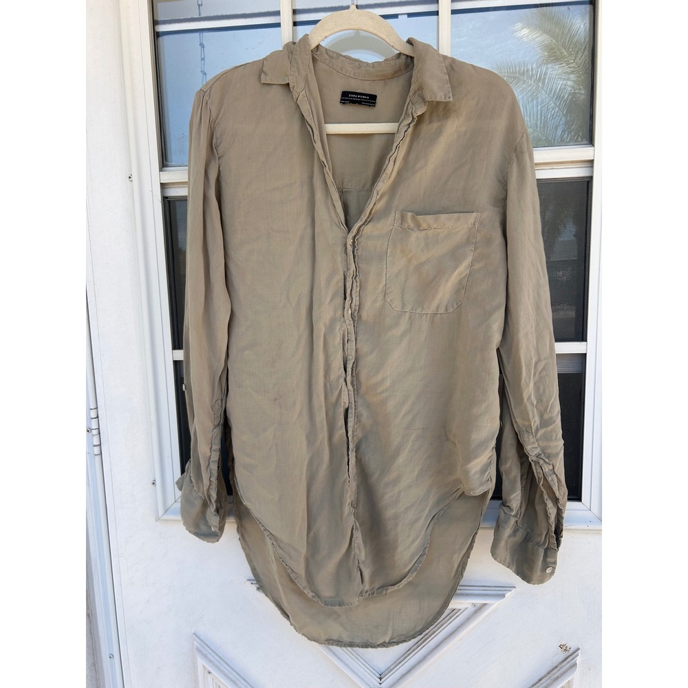 Zara Woman Premium Denim Collection Khaki Tan Button Down High Low Shirt Small